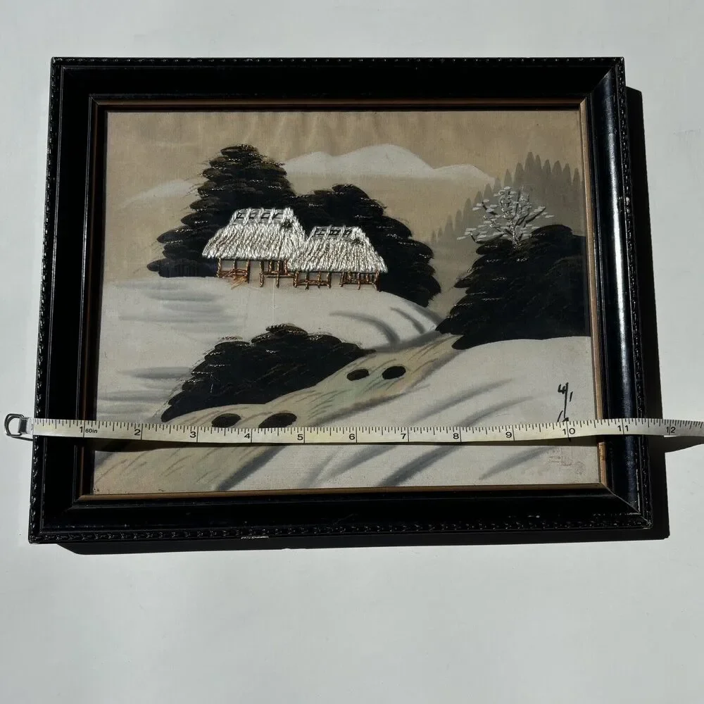 Vintage Japanese Silk Embroidered Winter Landscape 11.5 X 9.5 inches